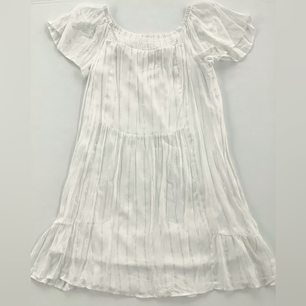 art class Off White Textured Dress with Puff Sleeves